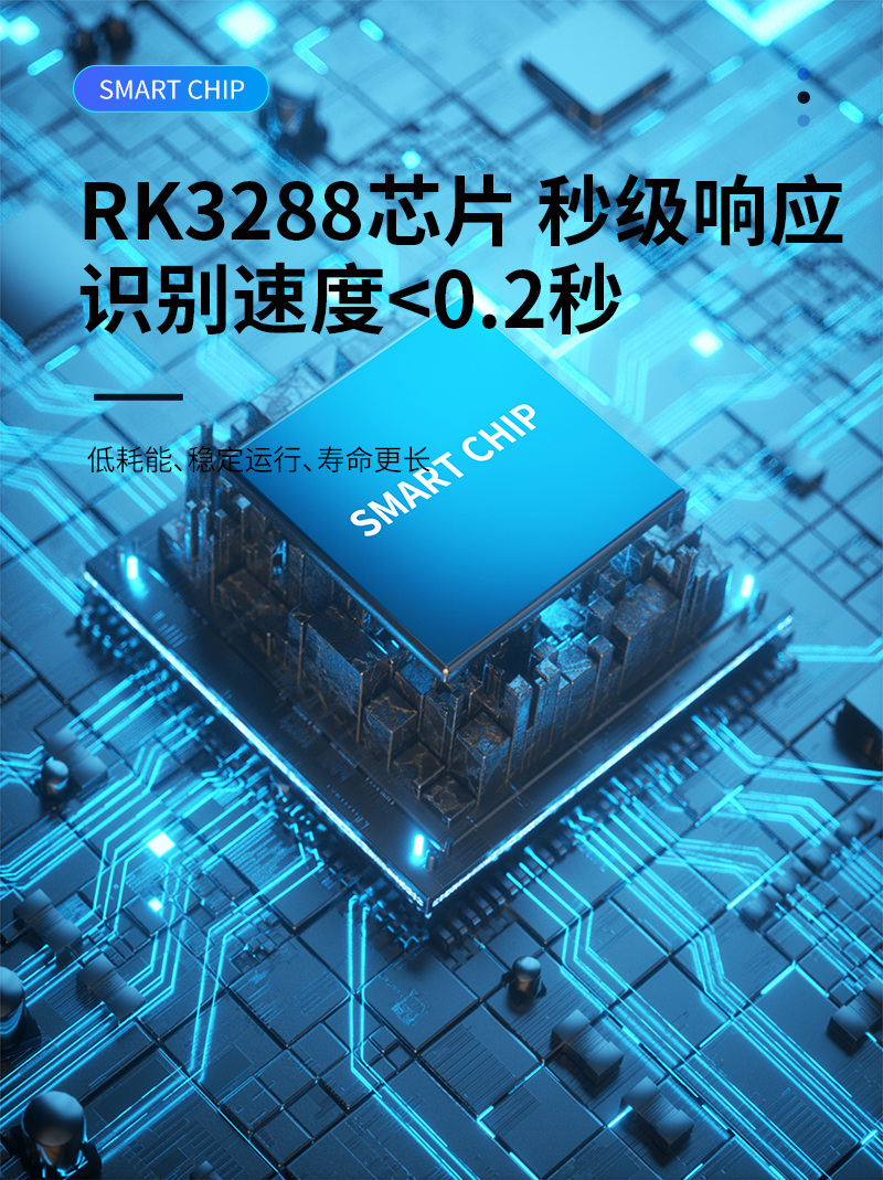 RK3288芯片,秒級(jí)響應(yīng),識(shí)別速度<0.2秒,低功耗、穩(wěn)定運(yùn)行、壽命長(zhǎng)