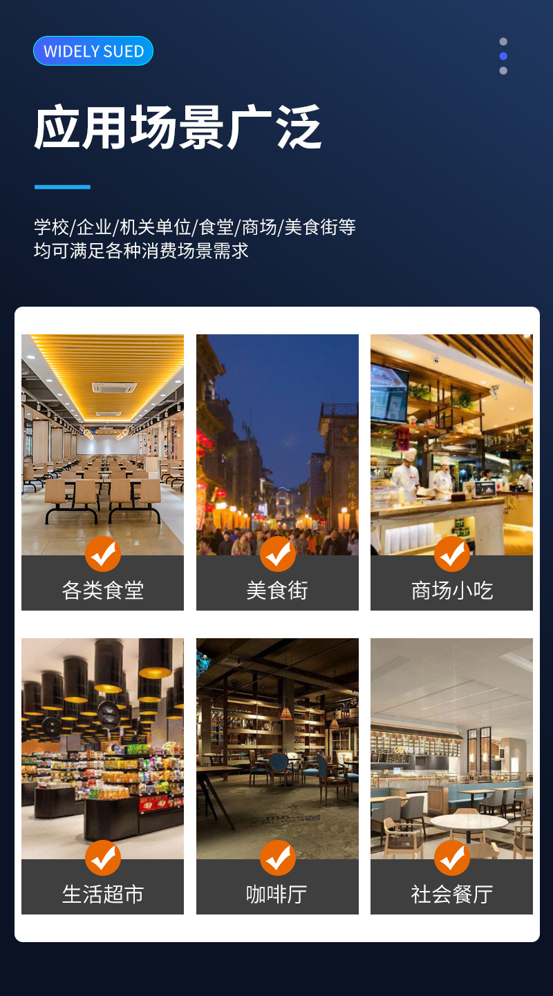 應(yīng)用場(chǎng)景廣泛,學(xué)校、企業(yè)、機(jī)關(guān)單位、食堂、商場(chǎng)、美食街等,均可滿足各類消費(fèi)場(chǎng)景需求