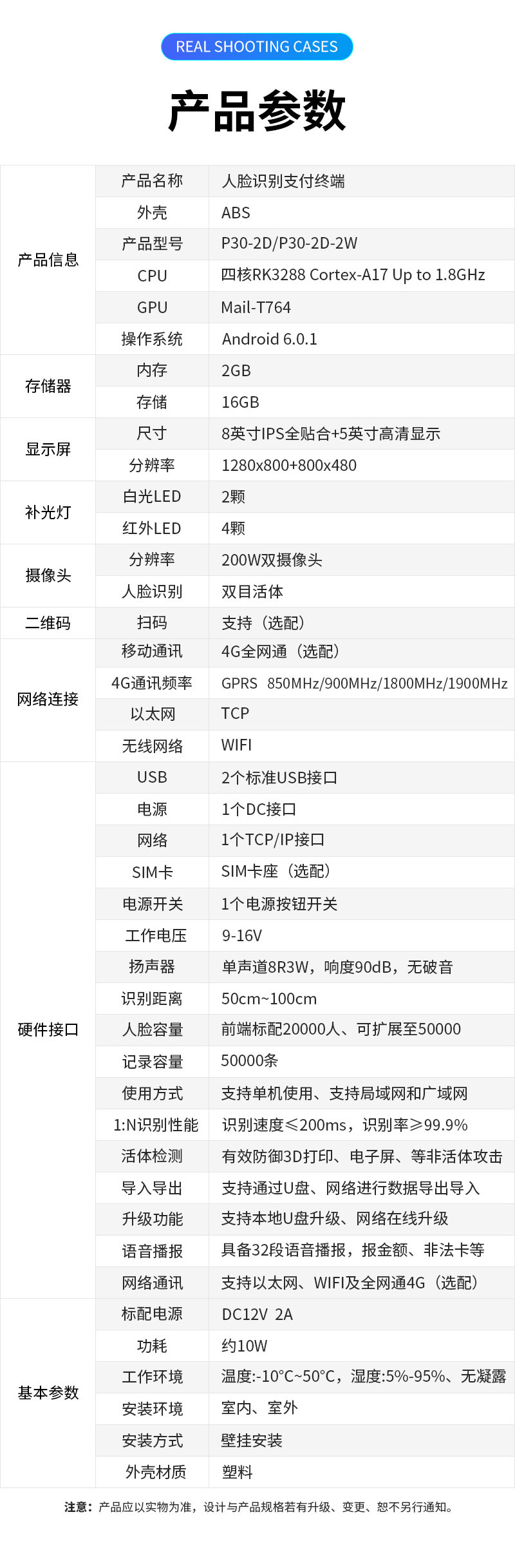 產(chǎn)品參數(shù),產(chǎn)品名稱：人臉識(shí)別支付終端,外殼：ABS塑料,產(chǎn)品型號(hào)：P30-2D/P30-2D-2W,CPU：四核RK3288 Cortex-A17 Up to 1.8GHz,GPU：Mail-T764,操作系統(tǒng)：Android 6.0.1,內(nèi)存：2GB,存儲(chǔ)：16GB,顯示屏尺寸：8英寸IPS全貼合＋5英寸高清顯示,分辨率：1280×800＋800×480,補(bǔ)光燈:白光LED2顆,紅外LED	4顆,攝像頭分辨率：200W雙目攝像頭,人臉識(shí)別：雙目活體，二維碼：掃碼支持（選配）,網(wǎng)絡(luò)連接移動(dòng)通訊：4G全網(wǎng)通（選配）,4G通訊頻率：GPRS?850MHz?/900MHz?/1800MHz?/1900MHz,以太網(wǎng)：TCP,無線網(wǎng)絡(luò)：WIFI,硬件接口USB：2個(gè)標(biāo)準(zhǔn)USB接口,電源：1個(gè)DC接口,網(wǎng)絡(luò)：1個(gè)TCP/IP接口,SIM卡:SIM卡座（選配）,電源開關(guān)：1個(gè)電源按鈕開關(guān),工作電壓：9-16V,揚(yáng)聲器：?jiǎn)温暤?R3W，響度90dB，無破音,識(shí)別距離：50cm～100cm ,人臉容量：前端標(biāo)配20000人、可擴(kuò)展至50000，支持超大容量后端識(shí)別,記錄容量：50000條,使用方式：支持單機(jī)使用、支持局域網(wǎng)和廣域網(wǎng),1:N識(shí)別性能：識(shí)別速度≤200mS，識(shí)別率≥99.9%,活體檢測(cè)：有效防御3D打印、電子屏、視頻、圖片、面具等非活體攻擊,導(dǎo)入導(dǎo)出：支持通過U盤、網(wǎng)絡(luò)進(jìn)行數(shù)據(jù)及參數(shù)導(dǎo)入導(dǎo)出,升級(jí)功能：支持本地U盤升級(jí)、網(wǎng)絡(luò)在線升級(jí),語音播報(bào)：具備32段語音播報(bào)，報(bào)金額，報(bào)限次，報(bào)非法卡等,網(wǎng)絡(luò)通訊：支持以太網(wǎng)、WIFI及全網(wǎng)通4G（選配）, 基本參數(shù)標(biāo)配電源：DC12V 2A,功耗：約10W,工作環(huán)境：溫度：-10℃～50℃，濕度：5％-95％、無凝露,安裝環(huán)境：室內(nèi)、室外,安裝方式：壁掛安裝,外殼材質(zhì)：塑料,注意：產(chǎn)品應(yīng)以實(shí)物為準(zhǔn)，設(shè)計(jì)與產(chǎn)品規(guī)格若有升級(jí)、變更，恕不另行通知。