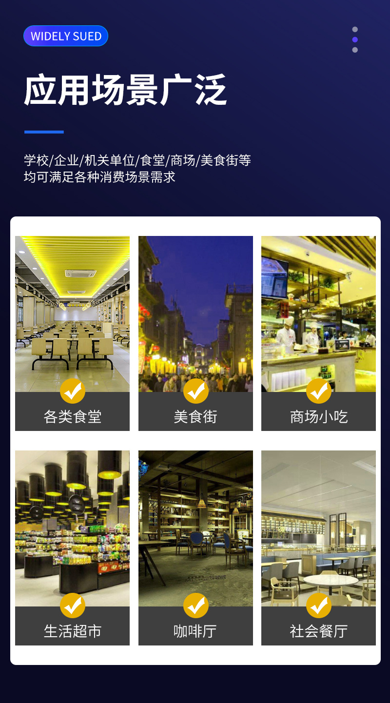 適用多種消費場景，食堂、美食街、商場、超市、餐廳
